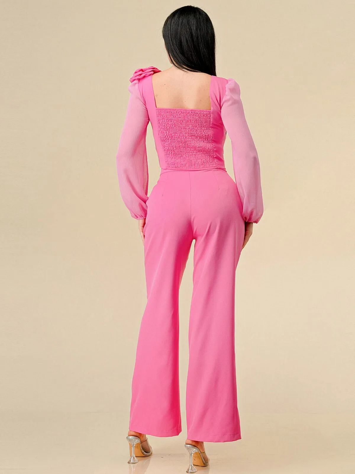WOMEN'S LONG SLEEVE BLOUSE & BUTTON CLOSURE PANTS FLOWERS DETAILED 2PC.SET