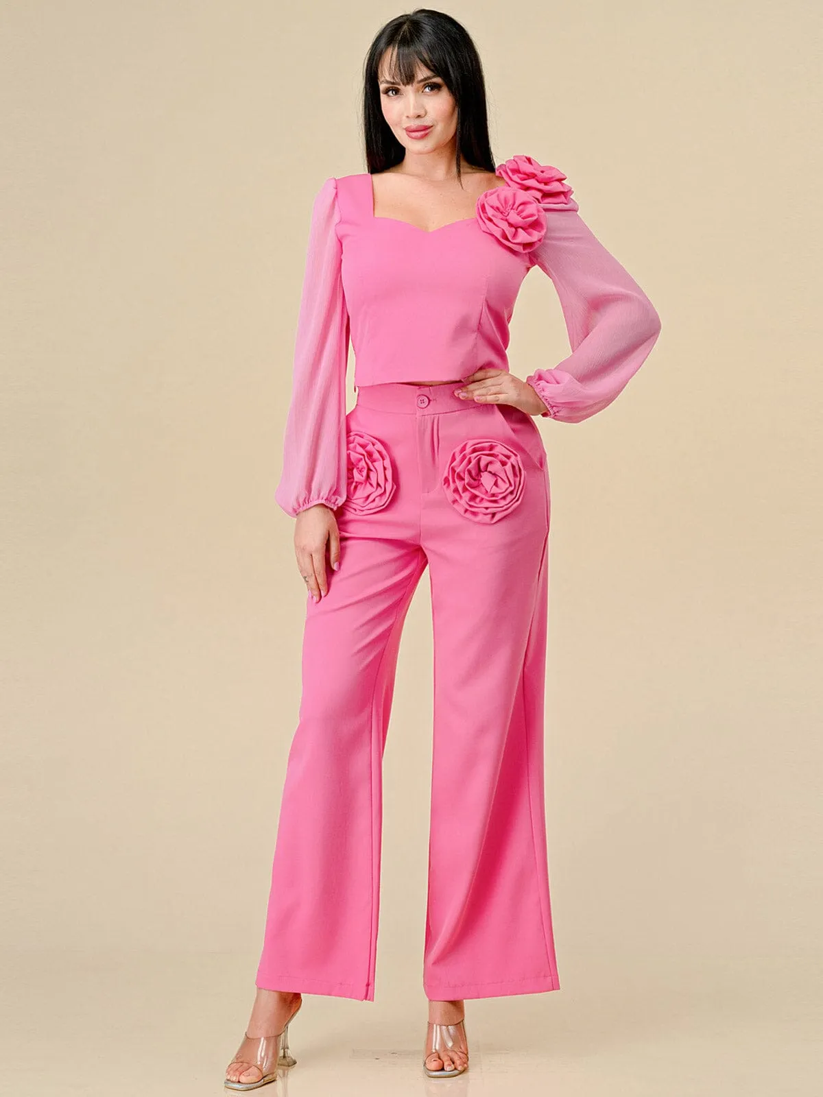 WOMEN'S LONG SLEEVE BLOUSE & BUTTON CLOSURE PANTS FLOWERS DETAILED 2PC.SET
