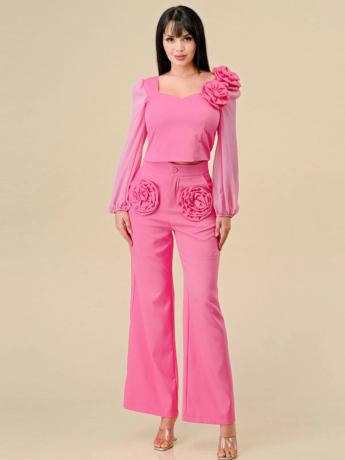 WOMEN'S LONG SLEEVE BLOUSE & BUTTON CLOSURE PANTS FLOWERS DETAILED 2PC.SET