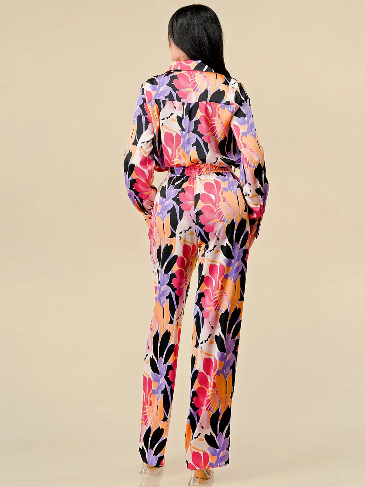 WOMEN'S LONG SLEEVE BLOUSE & WIDE LEG PANTS FLORAL PRINT 2PC. SET