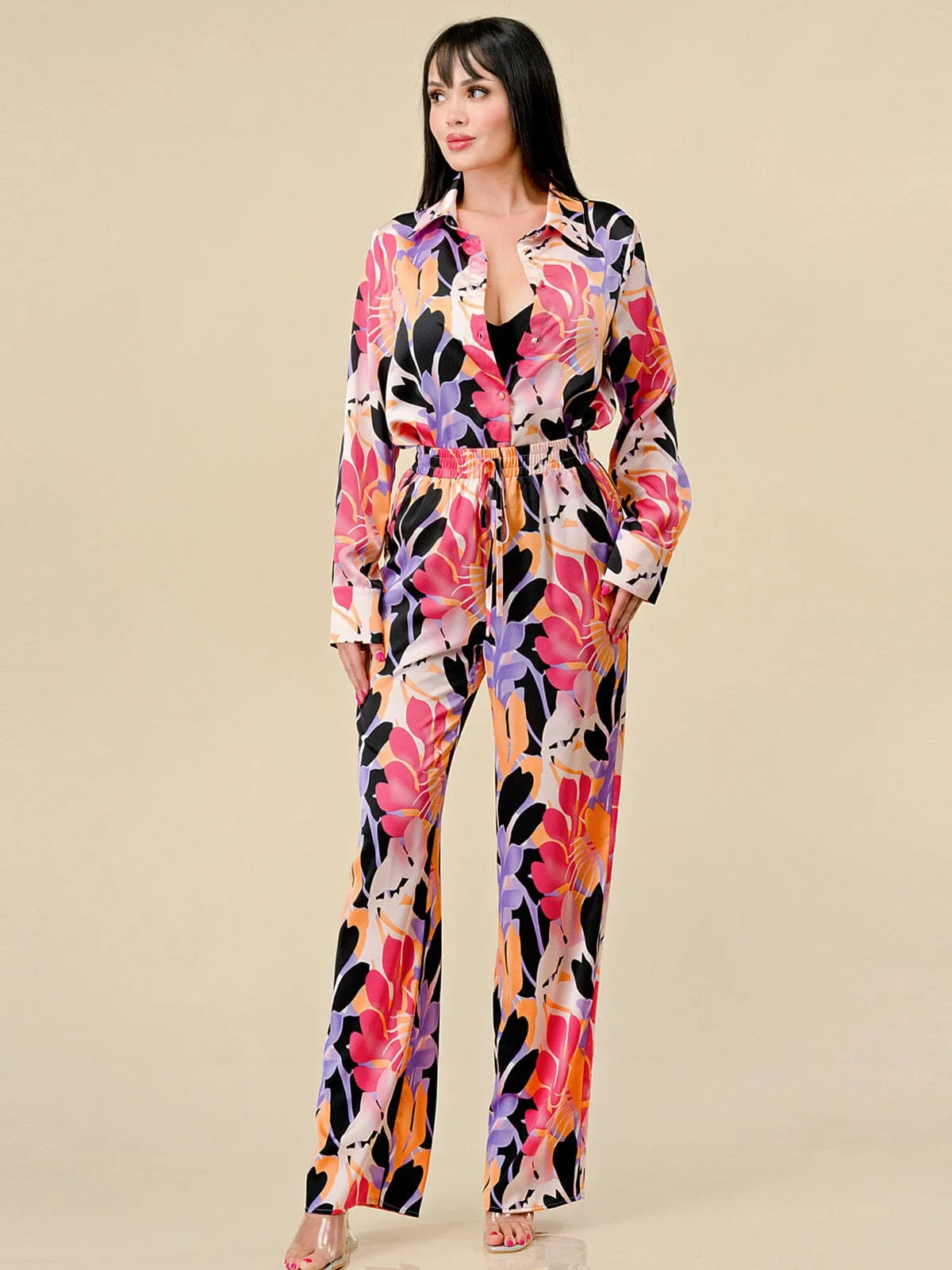 WOMEN'S LONG SLEEVE BLOUSE & WIDE LEG PANTS FLORAL PRINT 2PC. SET