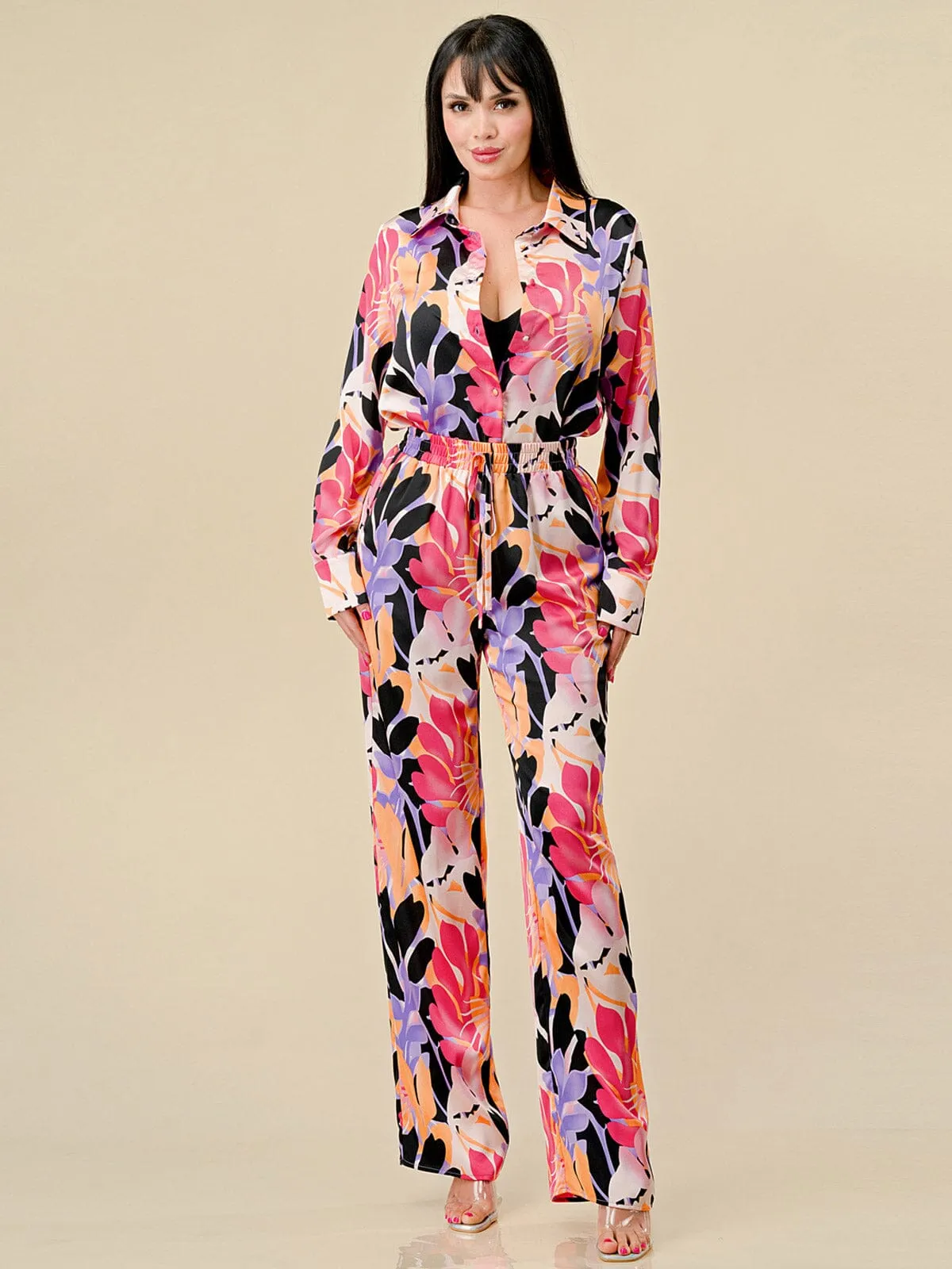 WOMEN'S LONG SLEEVE BLOUSE & WIDE LEG PANTS FLORAL PRINT 2PC. SET