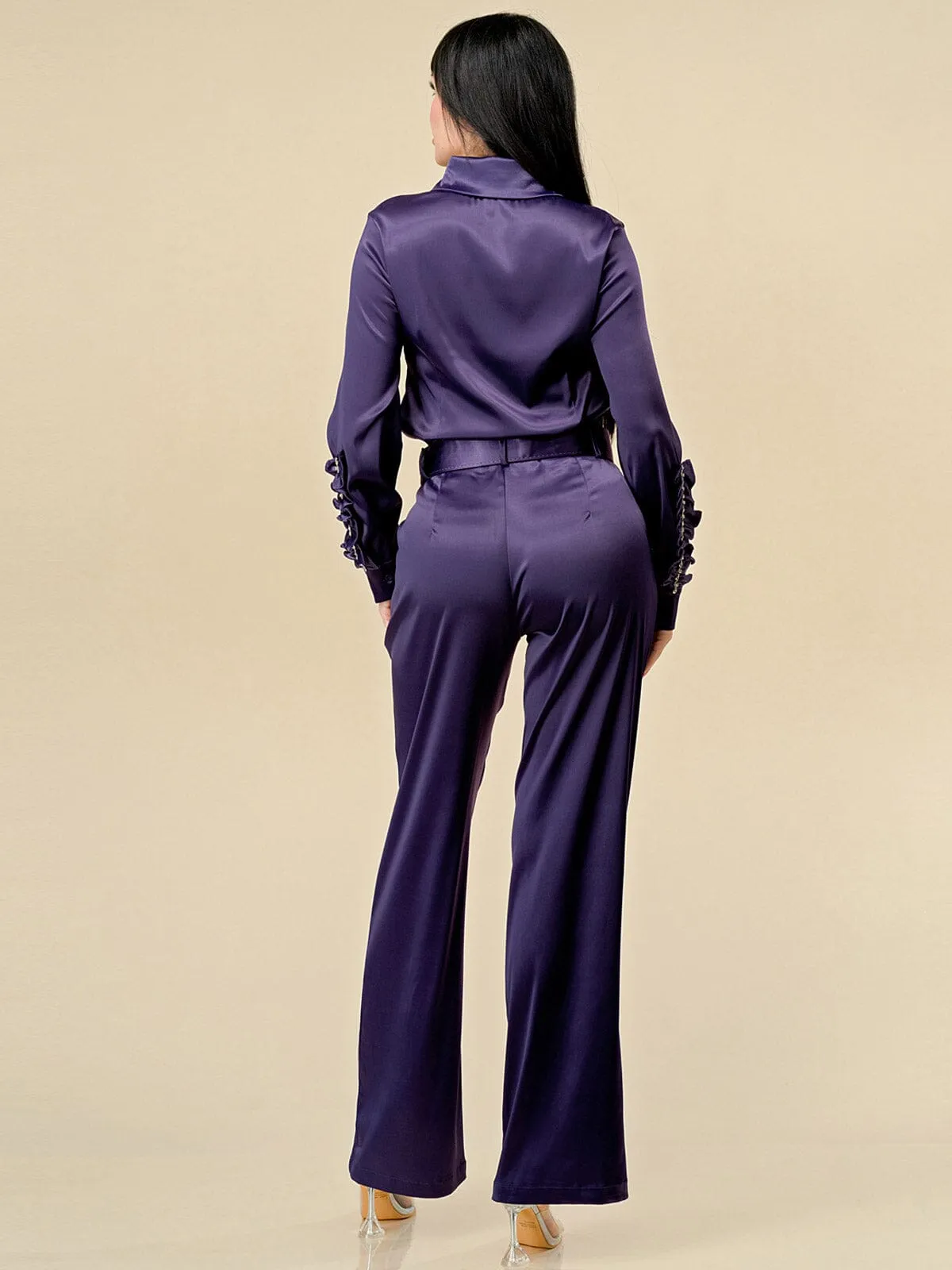 WOMEN'S LONG SLEEVE BLOUSE & WIDE LEG PANTS STUDS SATIN 2PC. SET