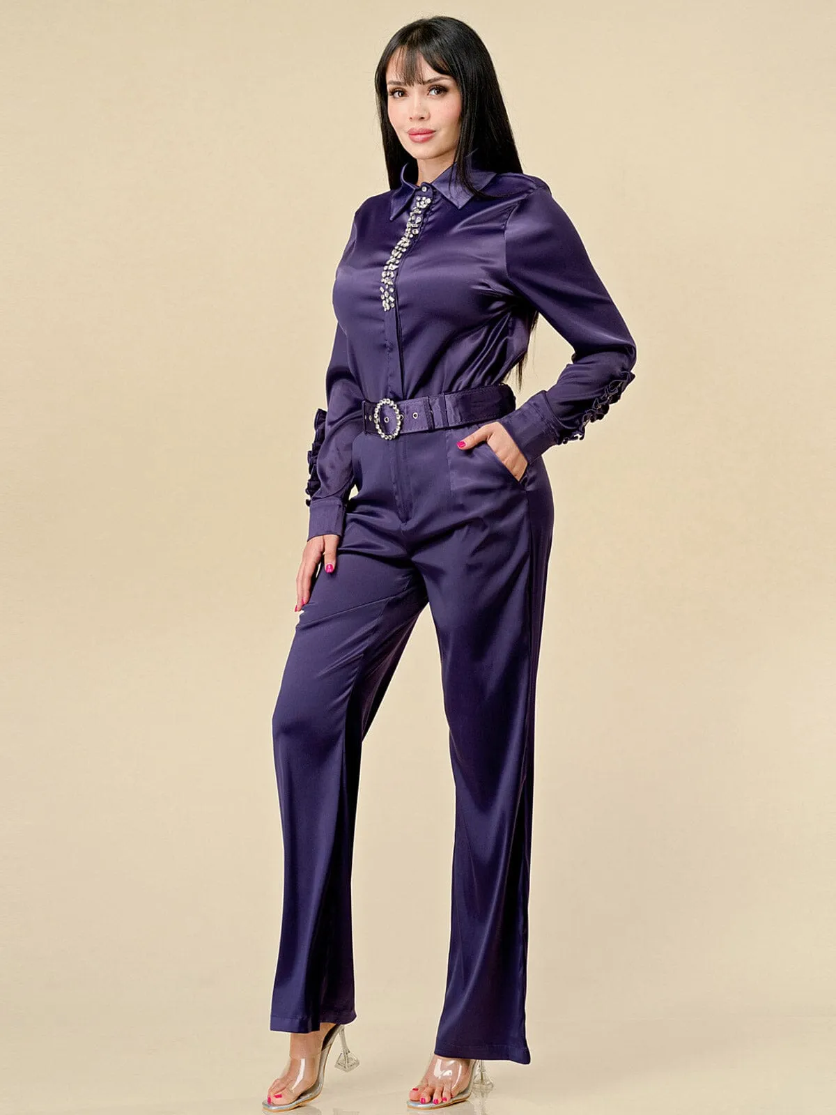 WOMEN'S LONG SLEEVE BLOUSE & WIDE LEG PANTS STUDS SATIN 2PC. SET