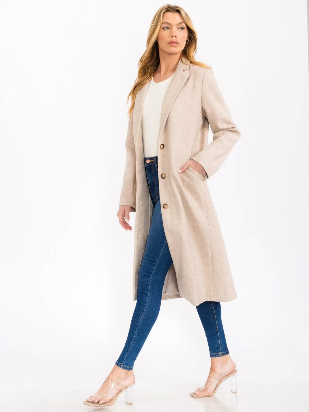 WOMEN'S LONG SLEEVE BUTTON CLOSURE FRONT POCKETS LONG COAT