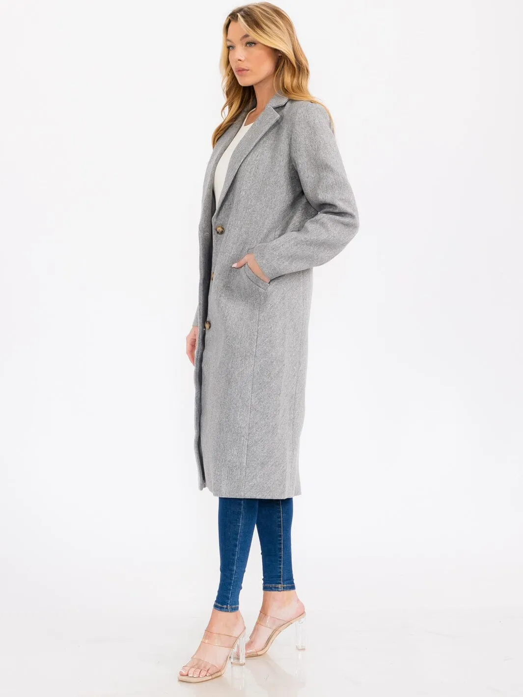 WOMEN'S LONG SLEEVE BUTTON CLOSURE FRONT POCKETS LONG COAT