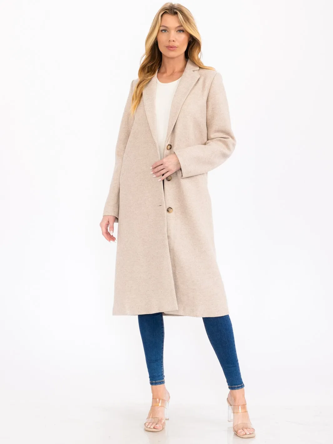 WOMEN'S LONG SLEEVE BUTTON CLOSURE FRONT POCKETS LONG COAT