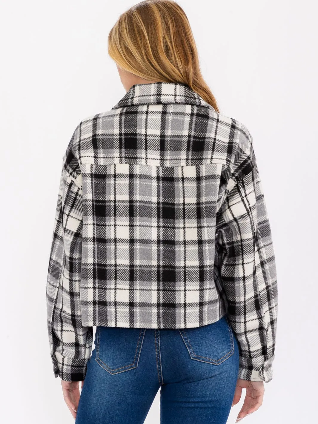 WOMEN'S LONG SLEEVE BUTTON CLOSURE FRONT POCKETS PLAID JACKET