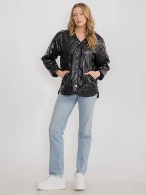 WOMEN'S LONG SLEEVE BUTTON CLOSURE FRONT POCKETS PU PLEATHER JACKET