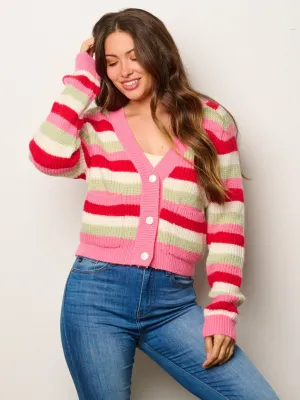 WOMEN'S LONG SLEEVE BUTTON CLOSURE MILTI COLOR STRIPES CARDIGAN