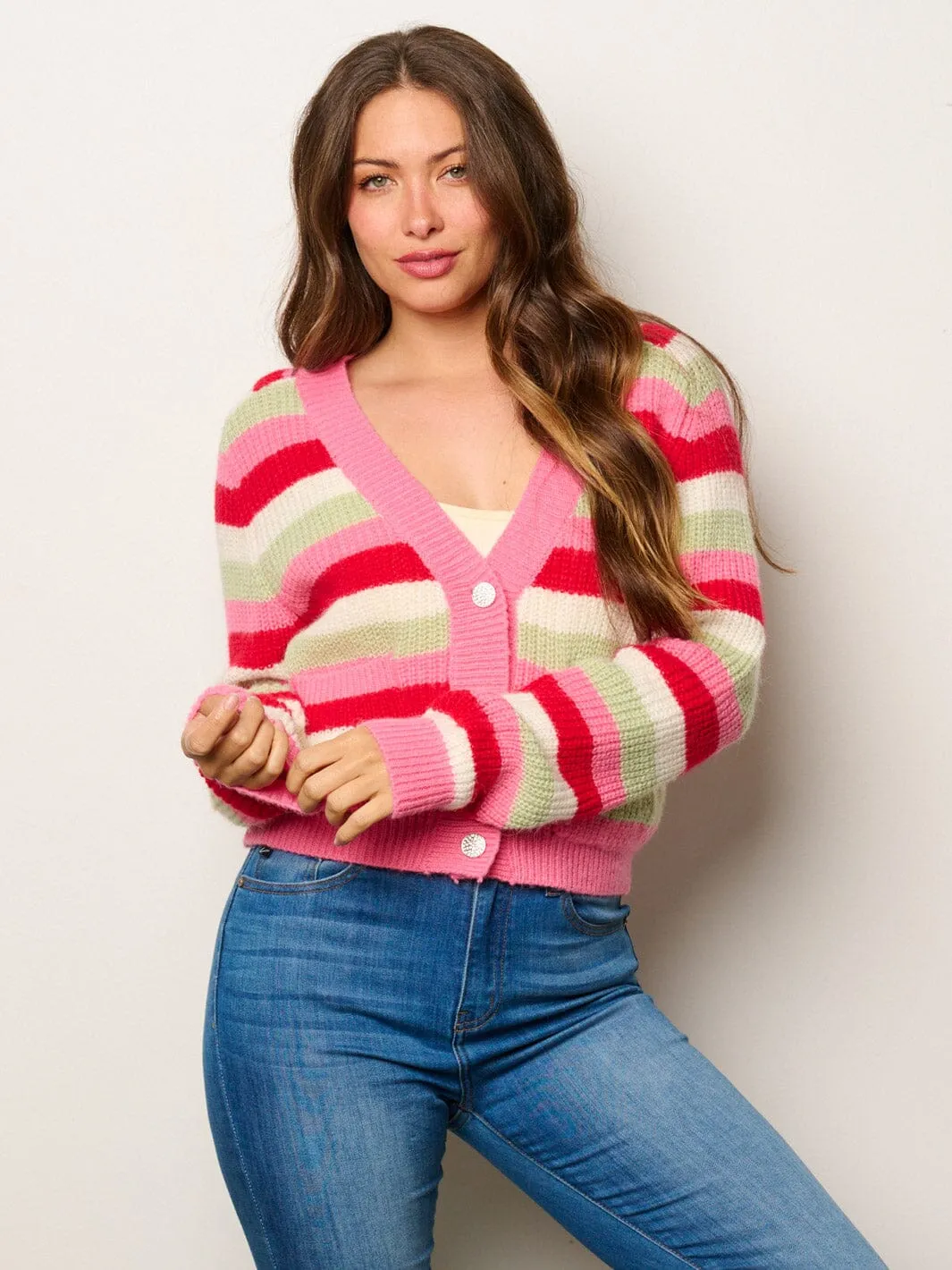 WOMEN'S LONG SLEEVE BUTTON CLOSURE MILTI COLOR STRIPES CARDIGAN
