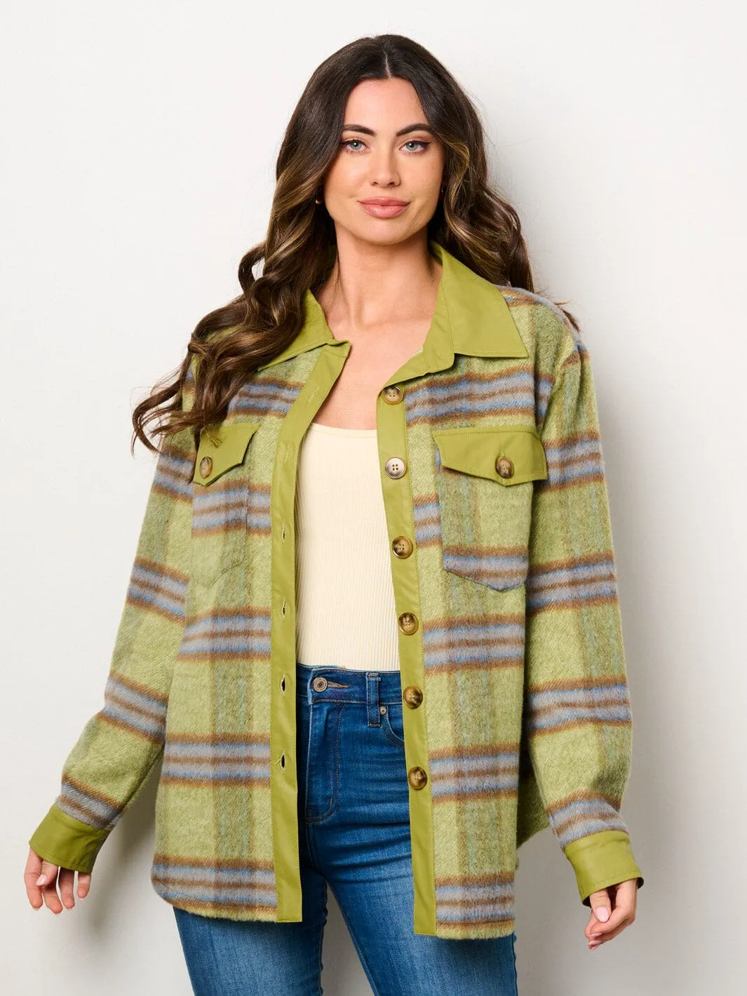 WOMEN'S LONG SLEEVE BUTTON CLOSURE POCKETS CHECKERS PRINT JACKET