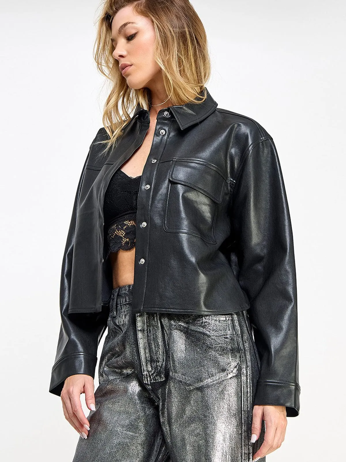 WOMEN'S LONG SLEEVE BUTTON CLOSURE POCKETS PU PLEATHER JACKET
