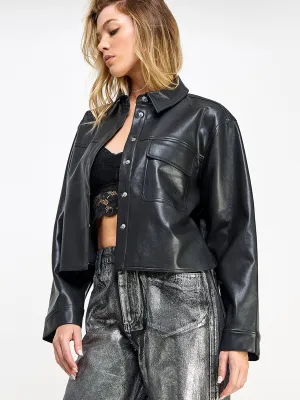 WOMEN'S LONG SLEEVE BUTTON CLOSURE POCKETS PU PLEATHER JACKET