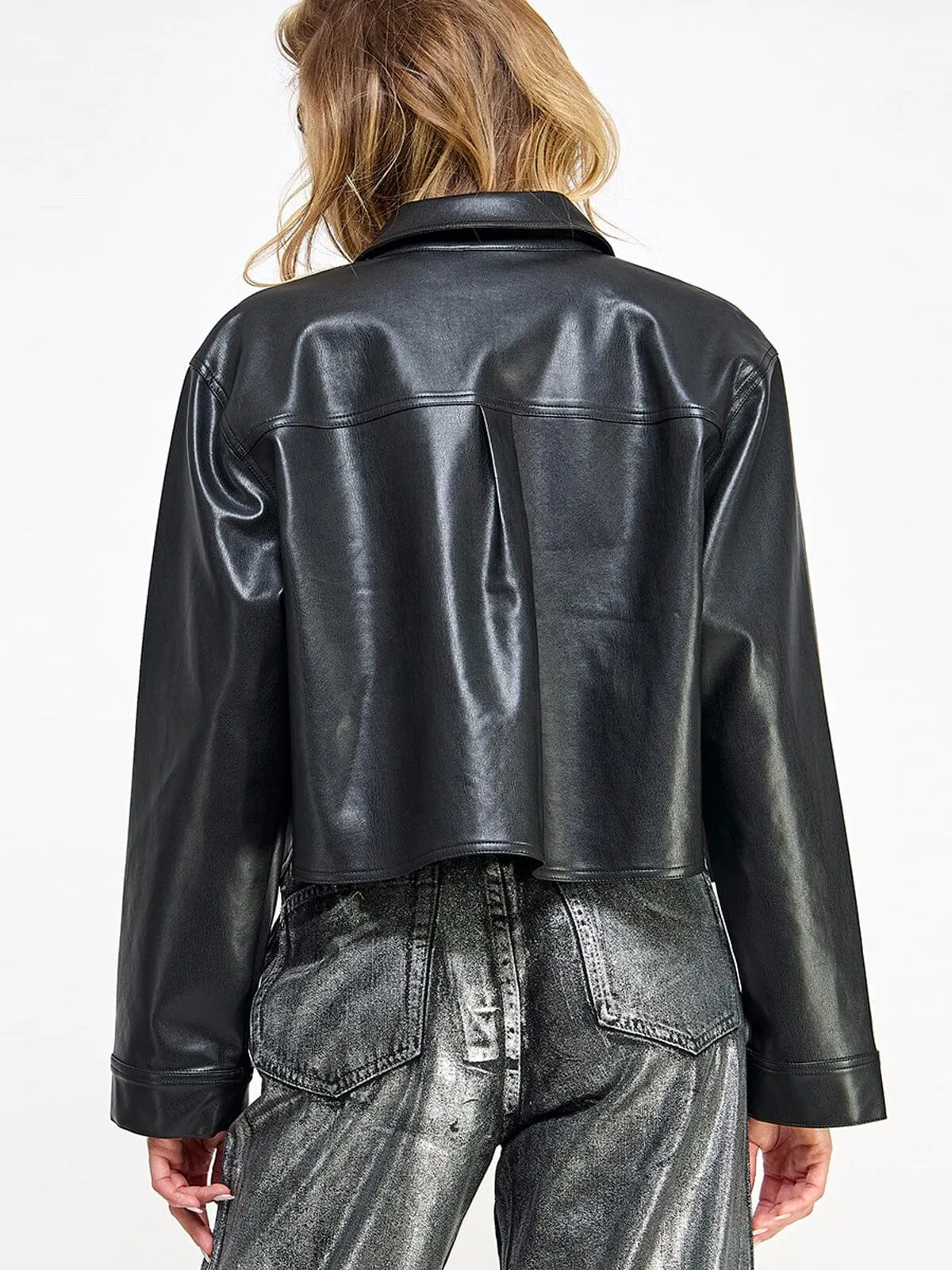 WOMEN'S LONG SLEEVE BUTTON CLOSURE POCKETS PU PLEATHER JACKET