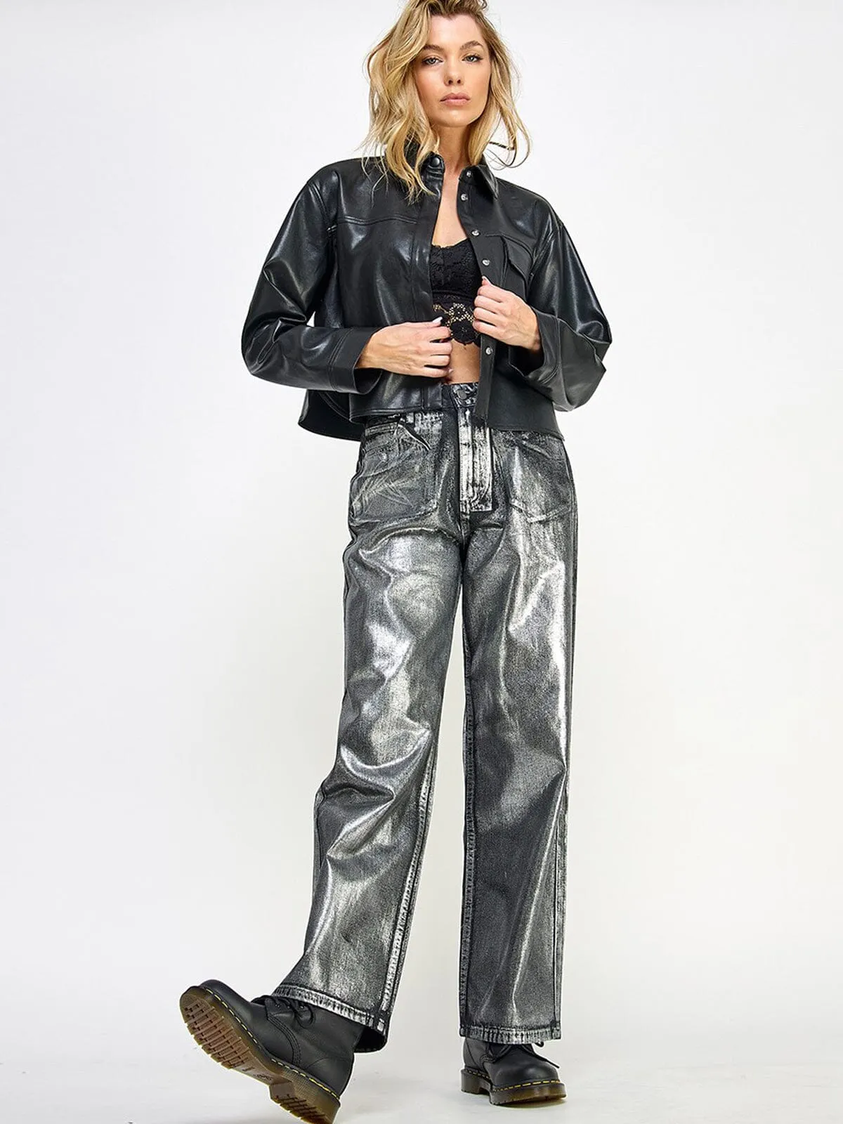 WOMEN'S LONG SLEEVE BUTTON CLOSURE POCKETS PU PLEATHER JACKET
