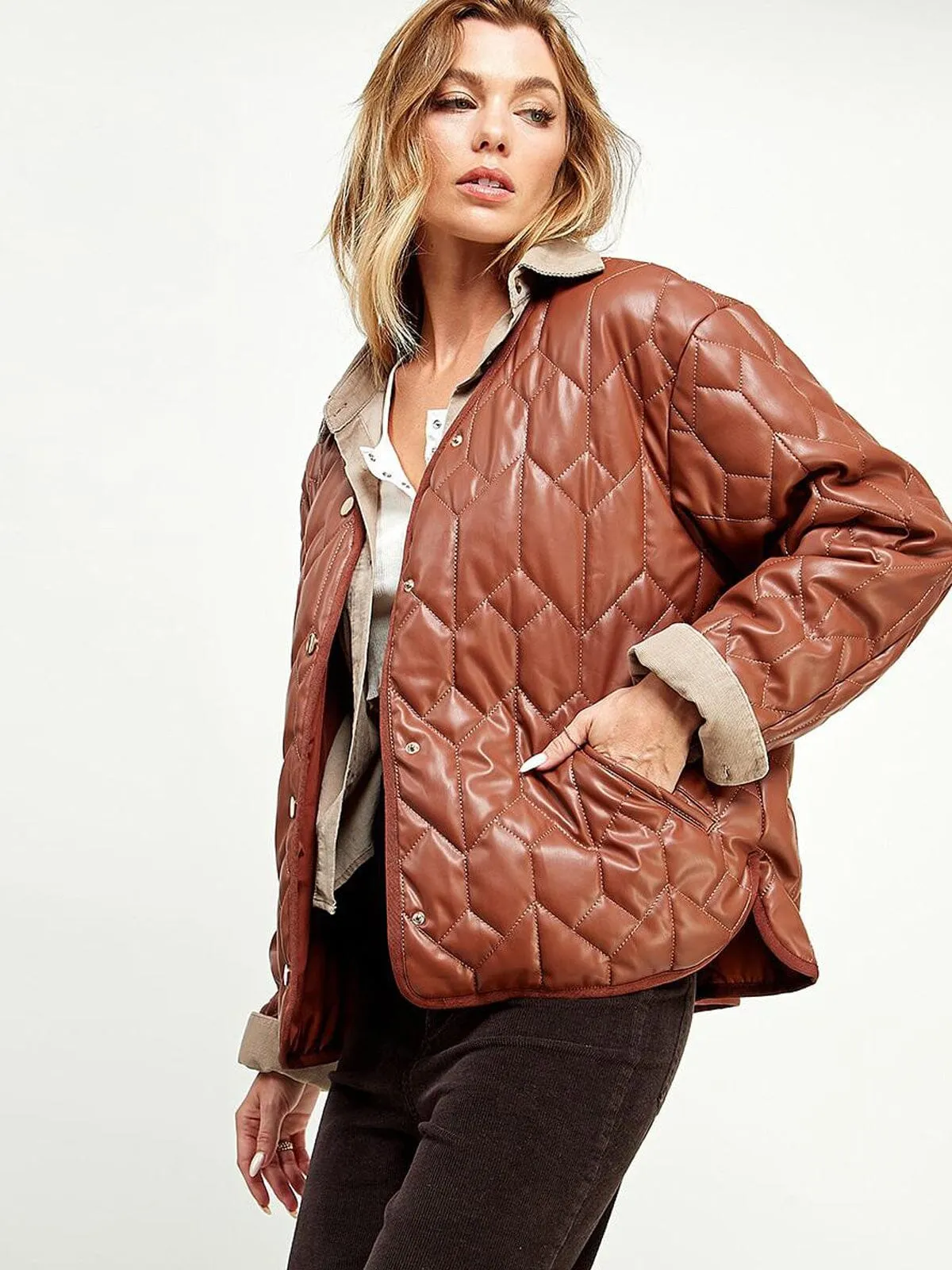 WOMEN'S LONG SLEEVE BUTTON CLOSURE POCKETS QUILTED PU JACKET