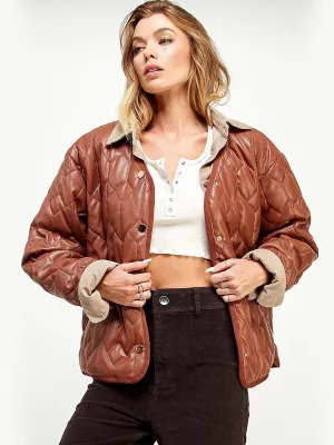 WOMEN'S LONG SLEEVE BUTTON CLOSURE POCKETS QUILTED PU JACKET