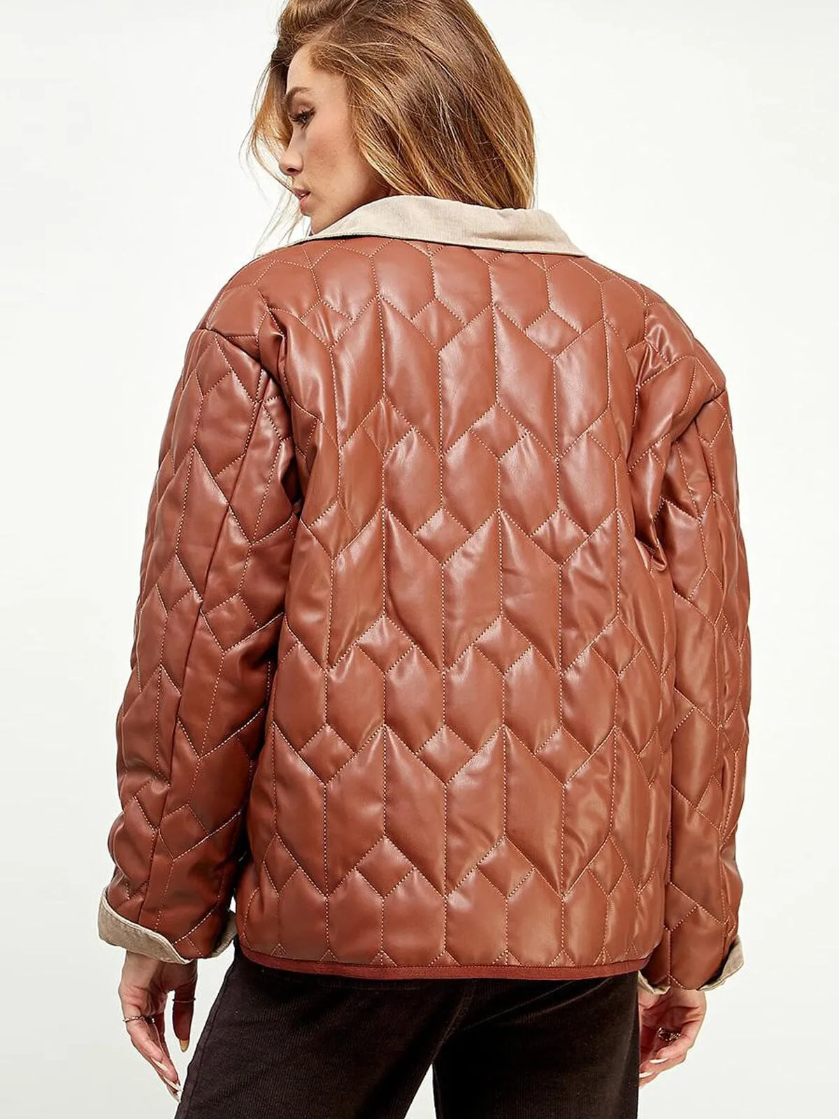 WOMEN'S LONG SLEEVE BUTTON CLOSURE POCKETS QUILTED PU JACKET