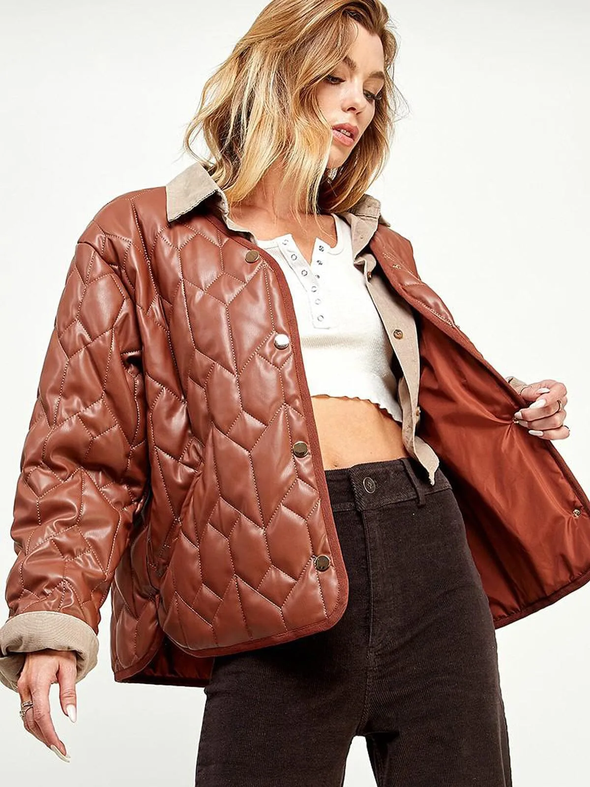 WOMEN'S LONG SLEEVE BUTTON CLOSURE POCKETS QUILTED PU JACKET