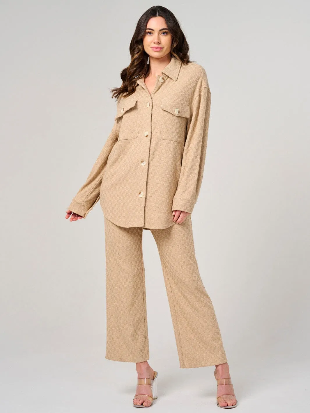 WOMEN'S LONG SLEEVE BUTTON UP FRONT POCKETS CHEKERS DETAILED SHACKET