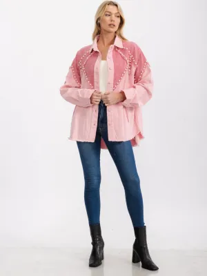 WOMEN'S LONG SLEEVE BUTTON UP FRONT POCKETS PEARL DETAILED DENIM JACKET
