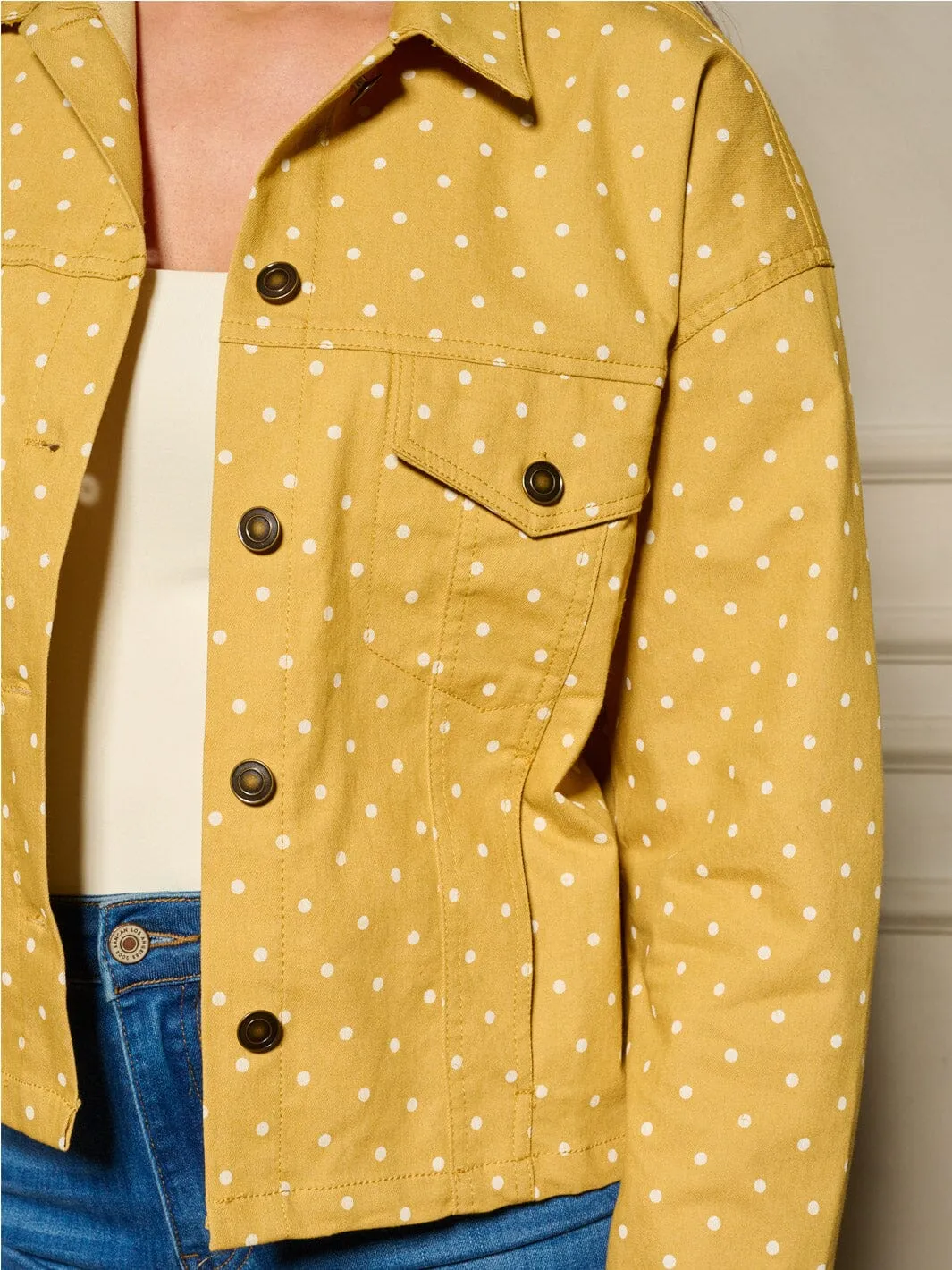WOMEN'S LONG SLEEVE BUTTON UP FRONT POCKETS POLKA DOTS DENIM JACKET