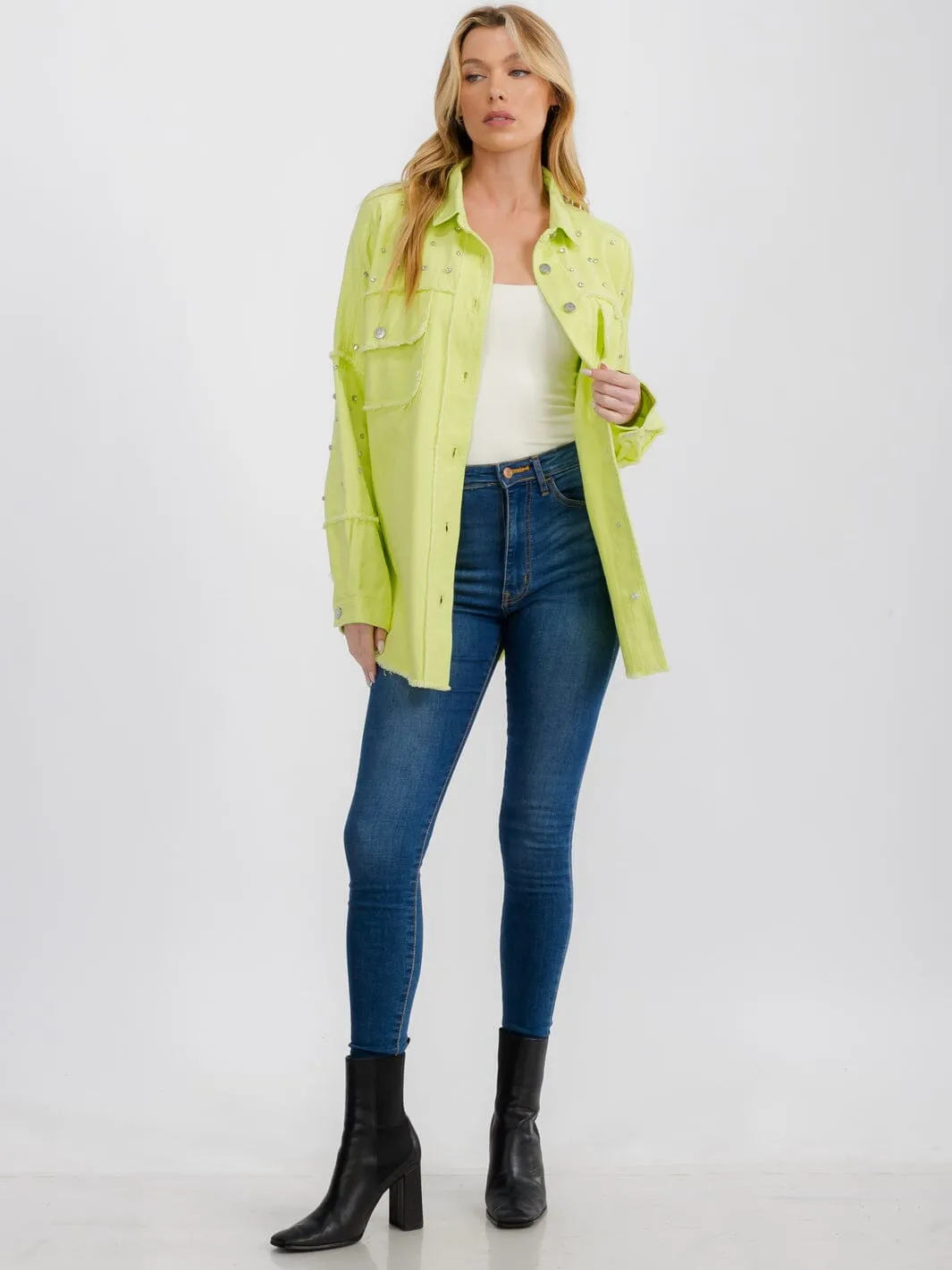 WOMEN'S LONG SLEEVE BUTTON UP FRONT POCKETS STUDS DETAILED SHACKET