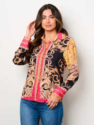 WOMEN'S LONG SLEEVE BUTTON UP MULTI PRINT BLOUSE TOP