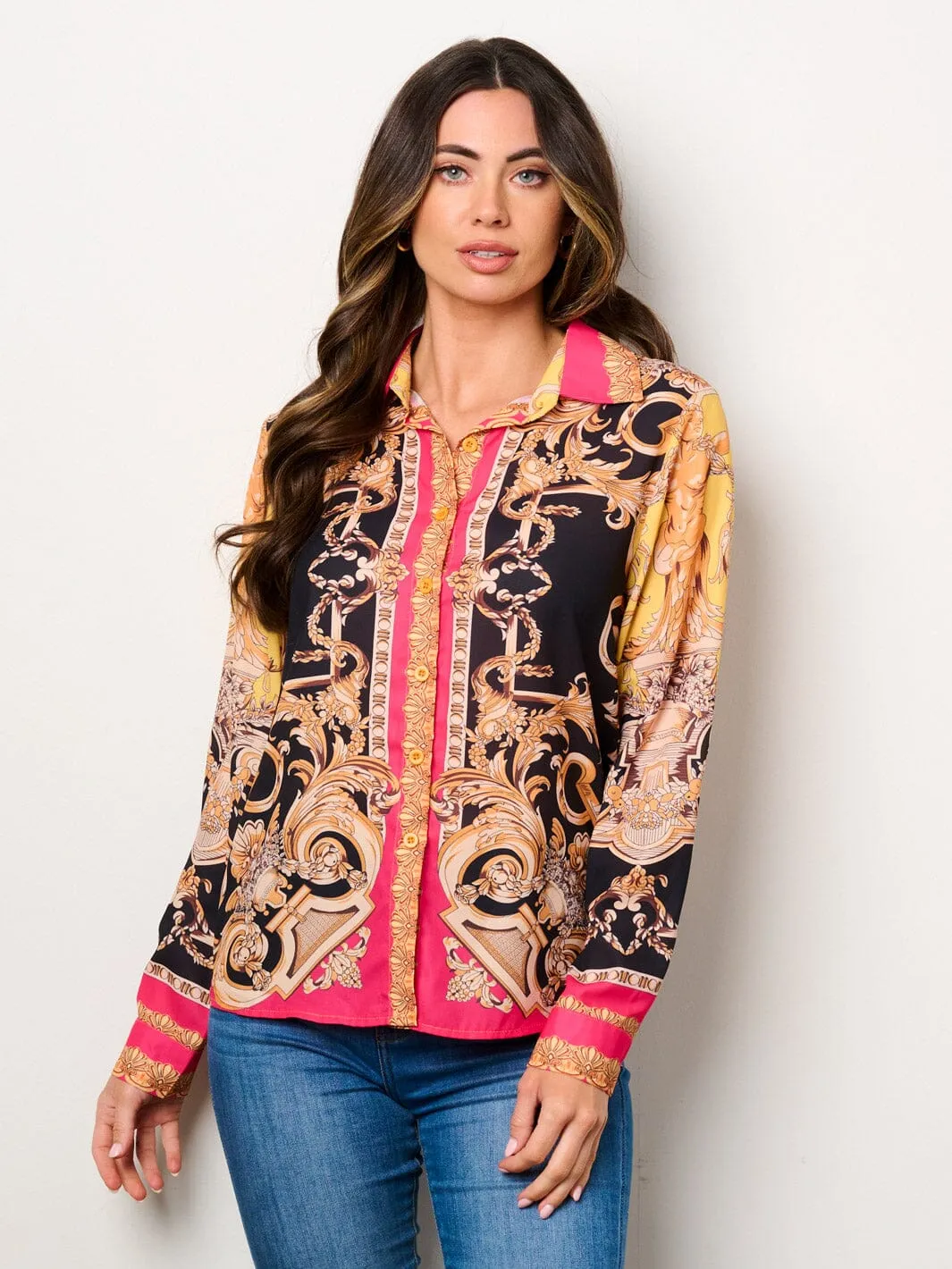 WOMEN'S LONG SLEEVE BUTTON UP MULTI PRINT BLOUSE TOP