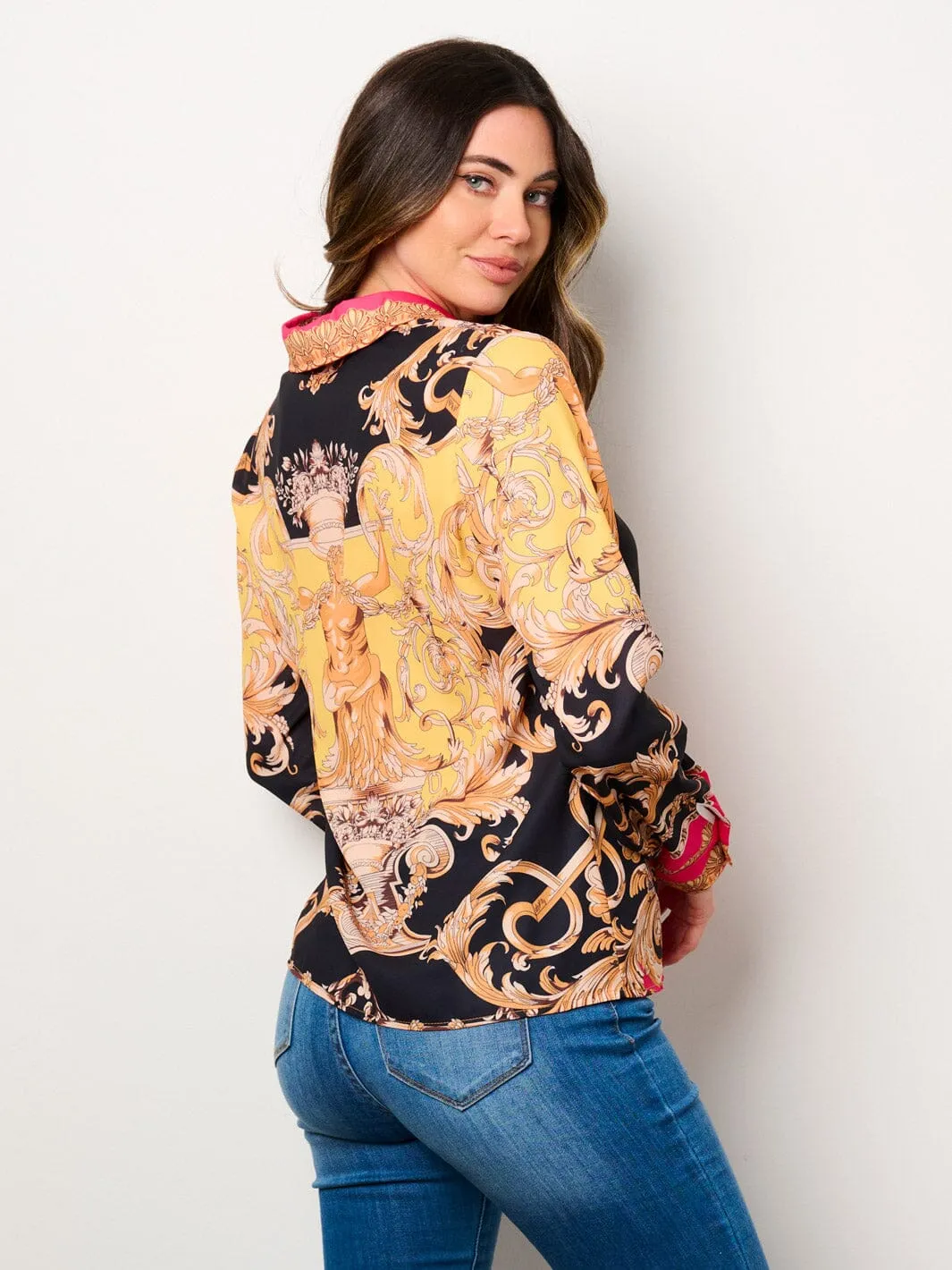 WOMEN'S LONG SLEEVE BUTTON UP MULTI PRINT BLOUSE TOP