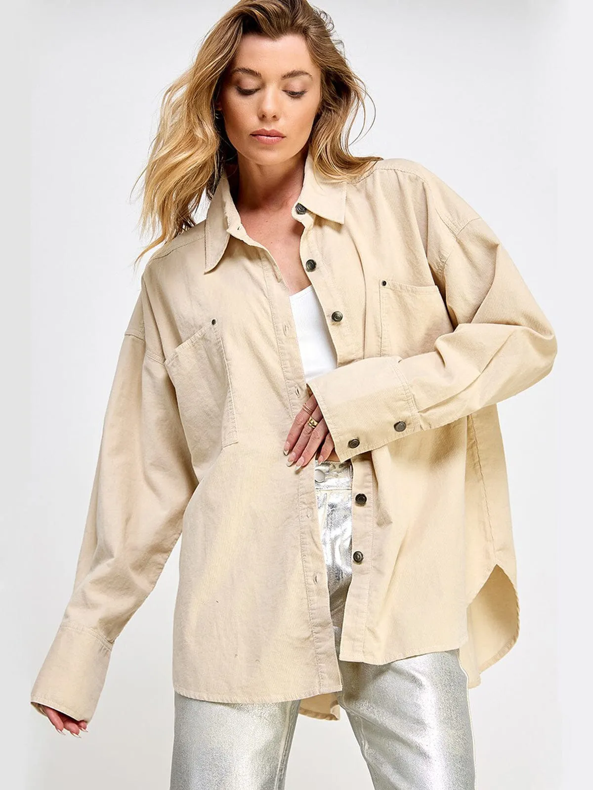 WOMEN'S LONG SLEEVE BUTTON UP POCKETS OVERSIZED TOP