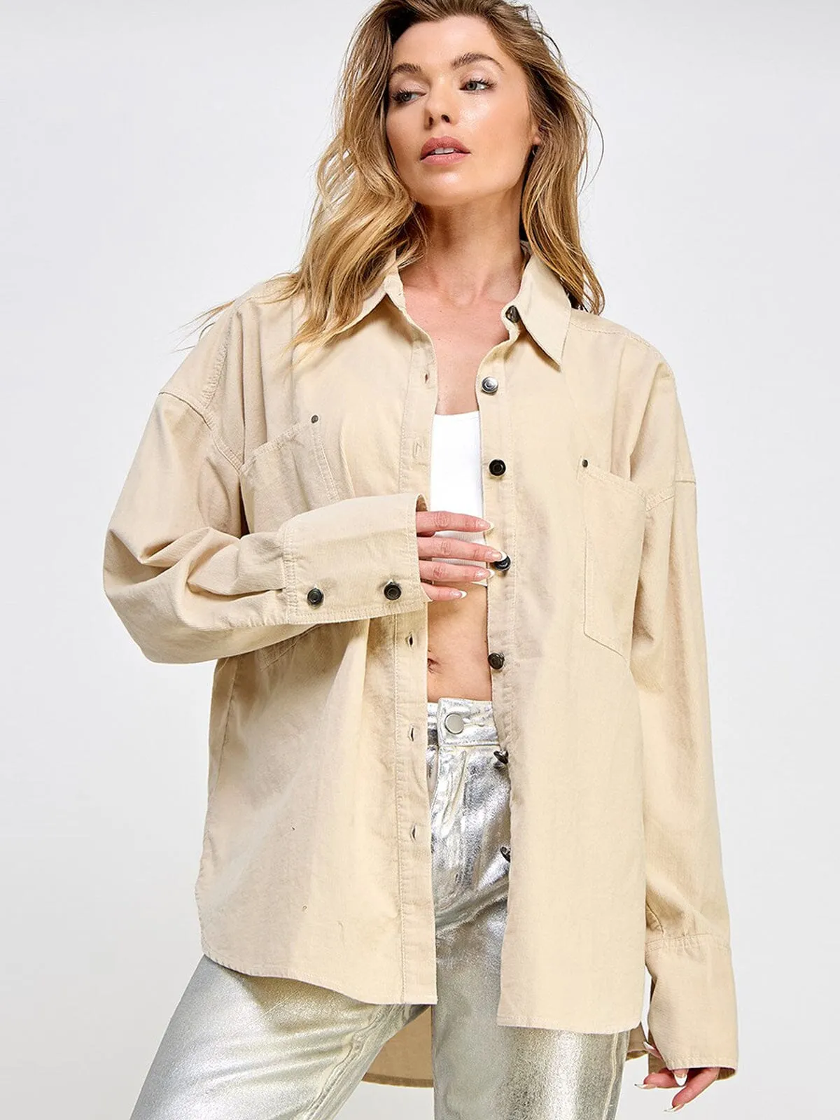 WOMEN'S LONG SLEEVE BUTTON UP POCKETS OVERSIZED TOP