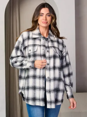 WOMEN'S LONG SLEEVE BUTTON UP POCKETS PLAID JACKET