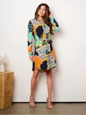WOMEN'S LONG SLEEVE BUTTON UP SELF TIE MULTI PRINT MINI DRESS