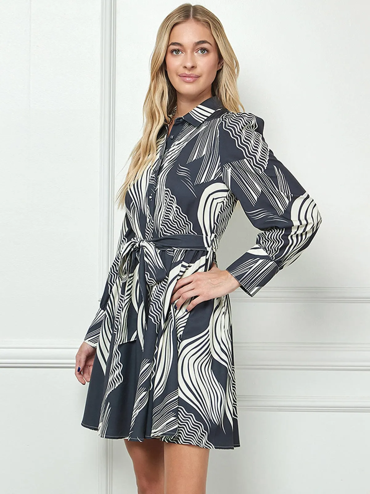 WOMEN'S LONG SLEEVE BUTTON UP SELF TIE PRINTED MINI DRESS