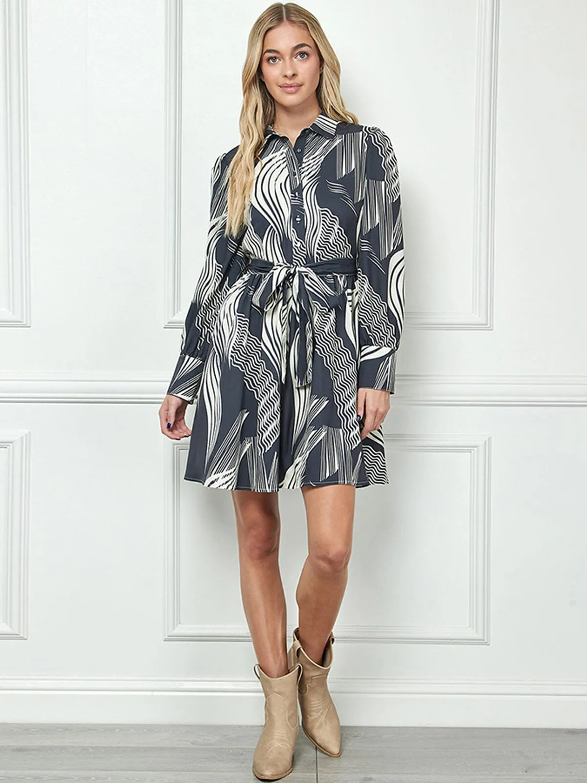 WOMEN'S LONG SLEEVE BUTTON UP SELF TIE PRINTED MINI DRESS
