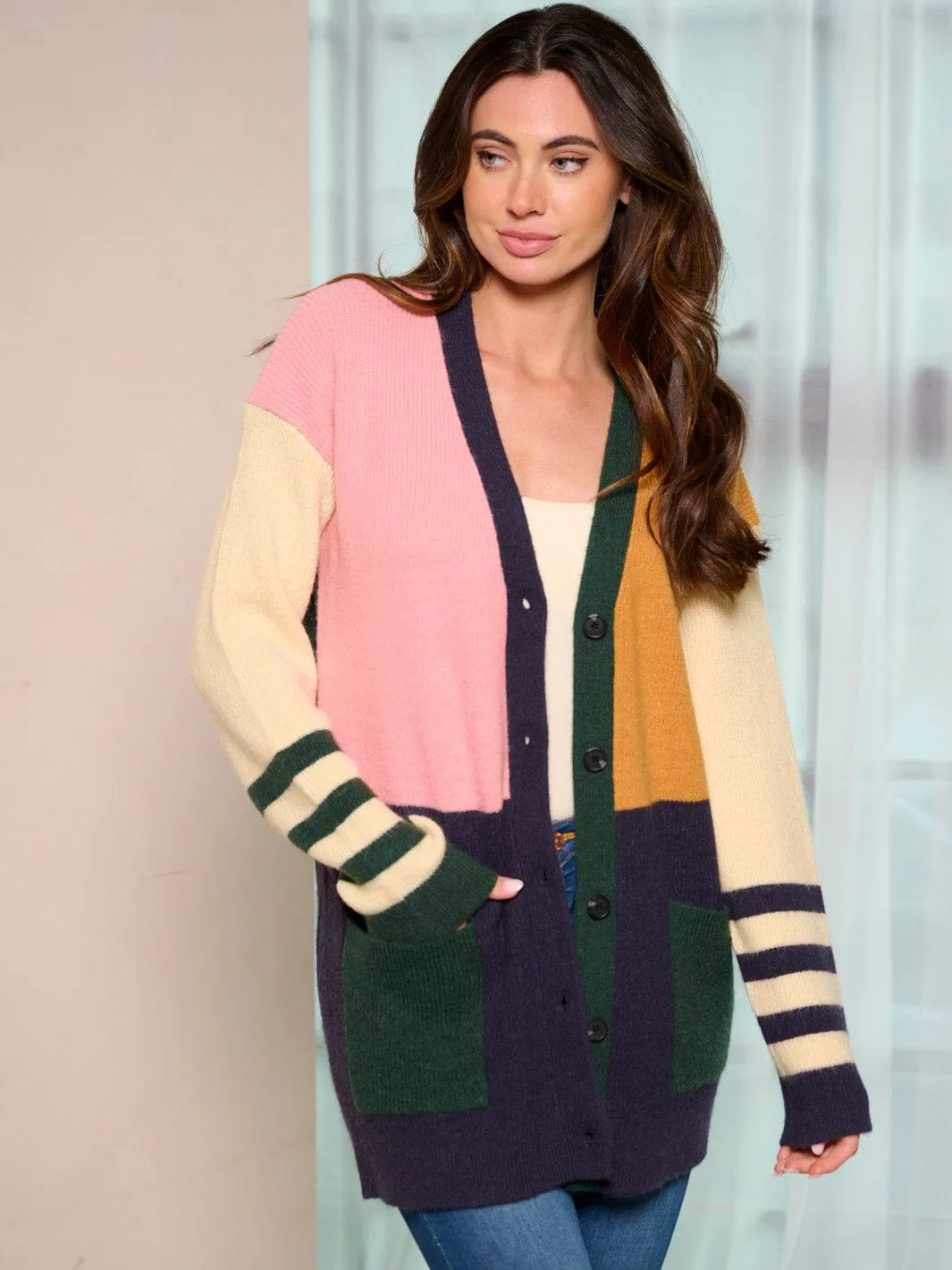 WOMEN'S LONG SLEEVE COLORBLOCK BUTTON CLOSURE POCKETS CARDIGAN