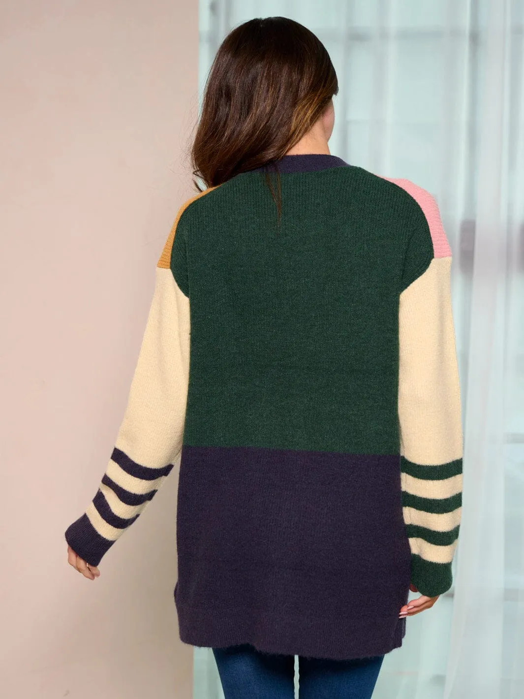 WOMEN'S LONG SLEEVE COLORBLOCK BUTTON CLOSURE POCKETS CARDIGAN