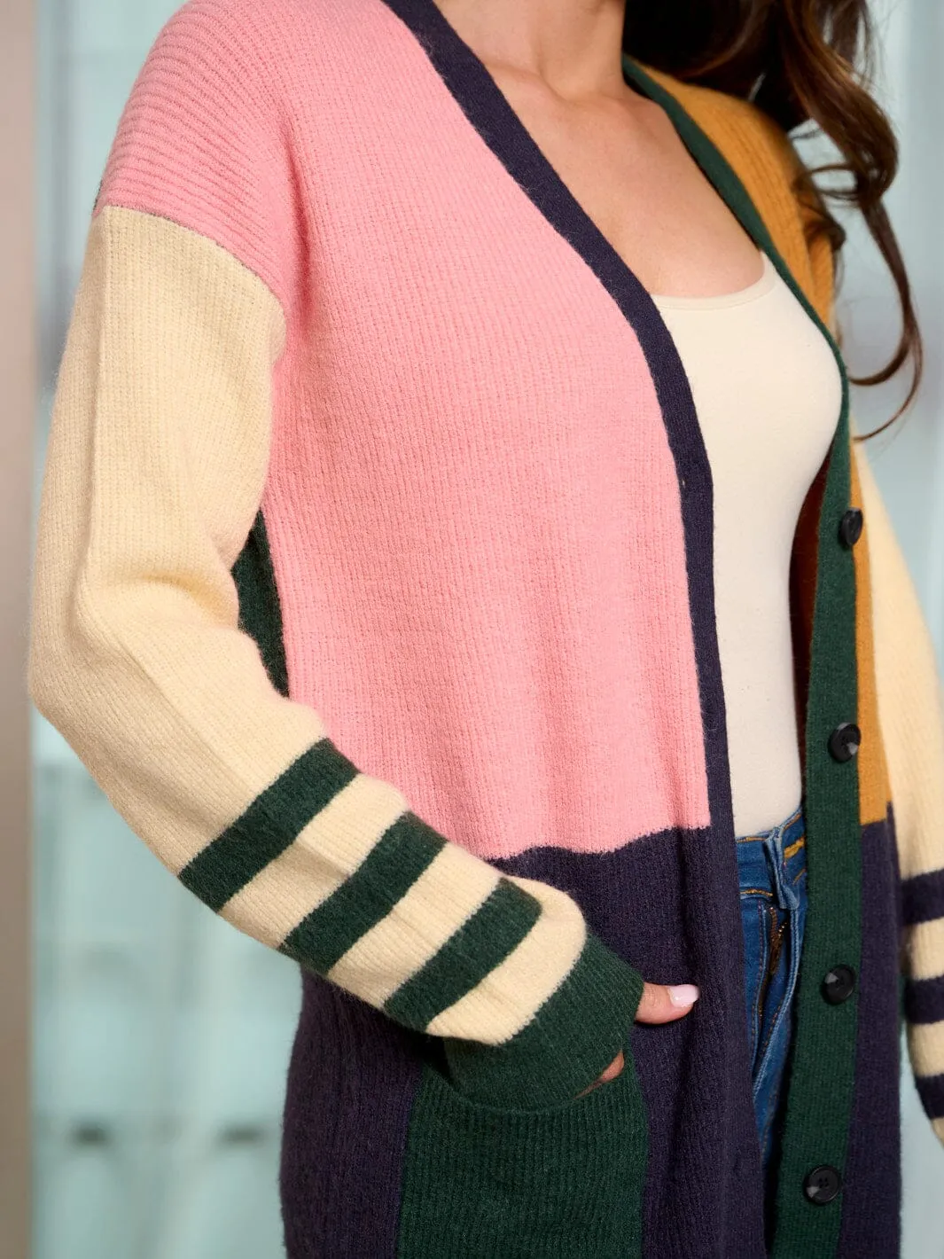 WOMEN'S LONG SLEEVE COLORBLOCK BUTTON CLOSURE POCKETS CARDIGAN