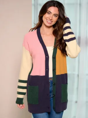 WOMEN'S LONG SLEEVE COLORBLOCK BUTTON CLOSURE POCKETS CARDIGAN