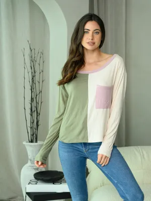 WOMEN'S LONG SLEEVE COLORBLOCK FRONT POCKET TOP