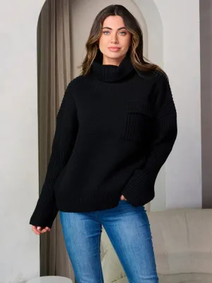 WOMEN'S LONG SLEEVE FRONT POCKET TURTLE NECK PULLOVER SWEATER