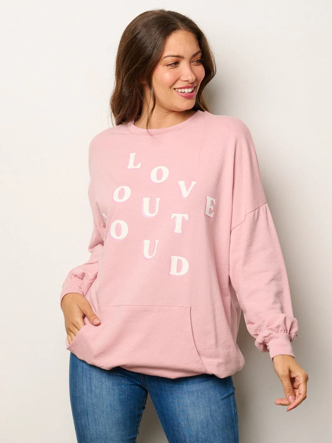 WOMEN'S LONG SLEEVE FRONT POCKETS GRAPHIC SWEATER