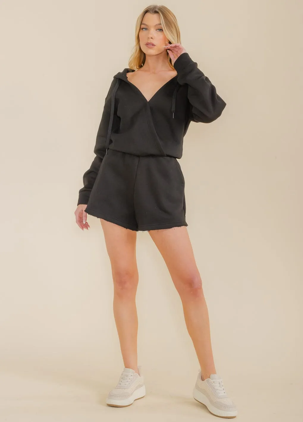 WOMEN'S LONG SLEEVE SURPLICE FRONT POCKETS HOODED ROMPER