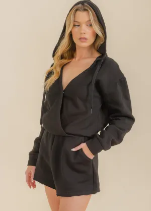 WOMEN'S LONG SLEEVE SURPLICE FRONT POCKETS HOODED ROMPER