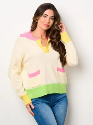 WOMEN'S LONG SLEEVE V-NECK COLORBLOCK PULLOVER SWEATER
