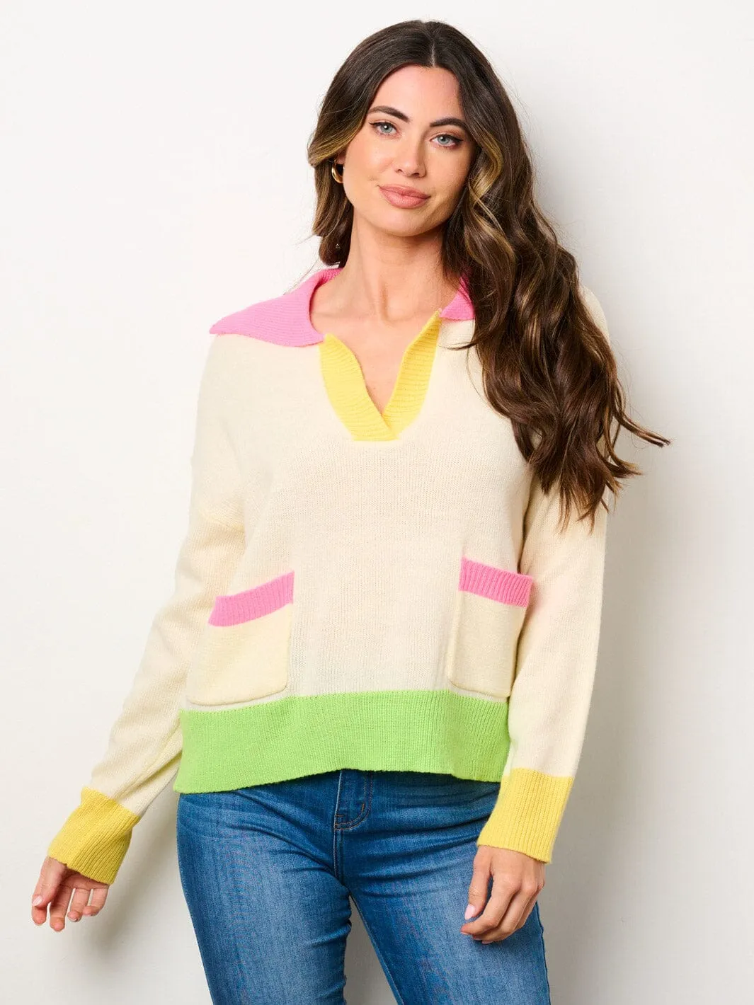WOMEN'S LONG SLEEVE V-NECK COLORBLOCK PULLOVER SWEATER