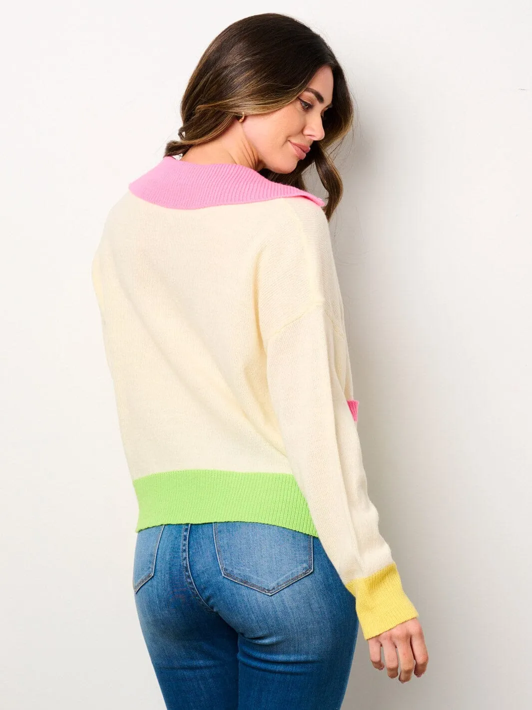 WOMEN'S LONG SLEEVE V-NECK COLORBLOCK PULLOVER SWEATER