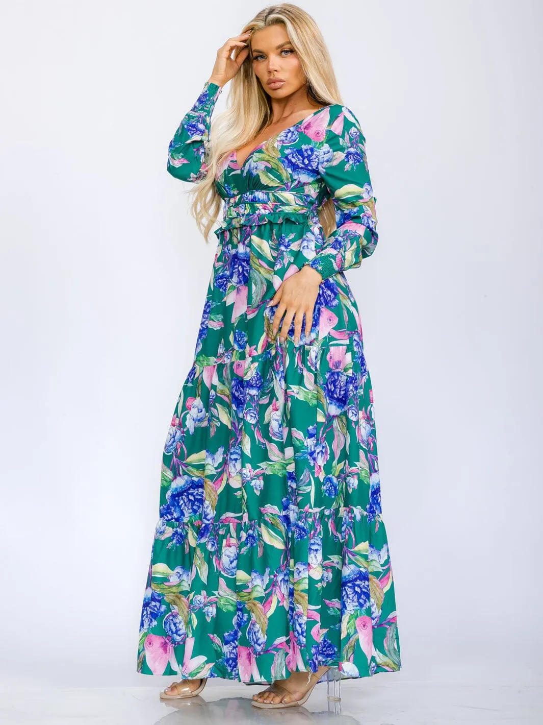 WOMEN'S LONG SLEEVE V-NECK FRONT SLIT FLORAL PRINT MAXI DRESS